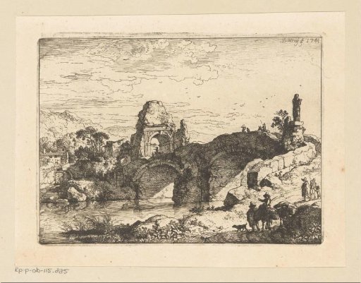 Landscape with the ruin of a gate next to a dilapidated bridge
