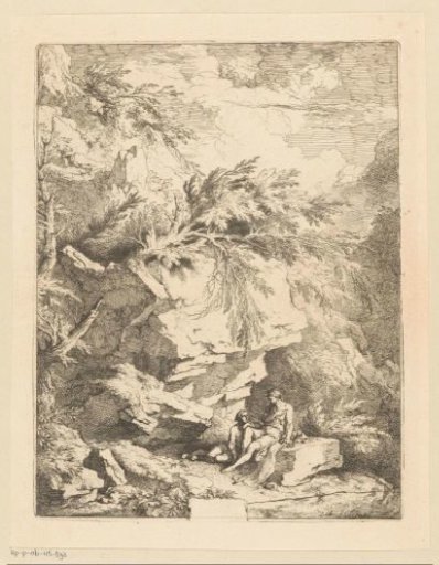 Rocky landscape with two figures resting on a stone