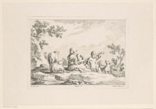 Woman with Bagpipes and a Dancing Child Surrounded by Sheep and a Dog