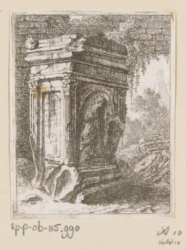 Ruined monument with female figure
