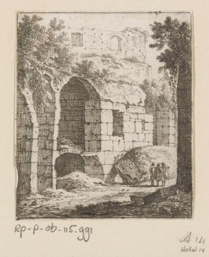 View of a ruin with three men on the right