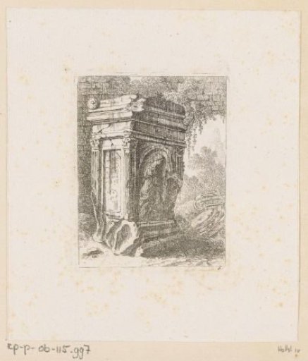 Ruined monument with female figure