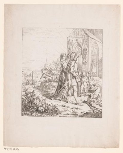 Churchgoers give an alms to a beggar