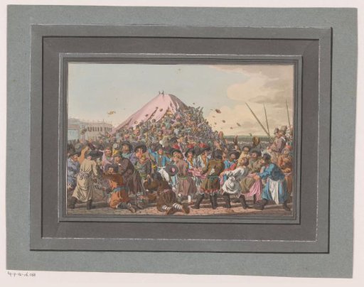 Crowd on a square fighting for food and clothing