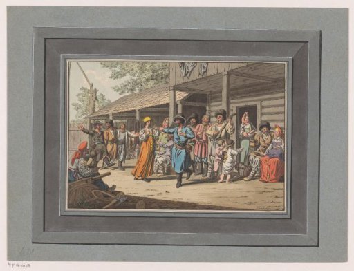 Dancing and music-making company at a farmhouse