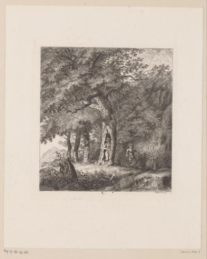 Forest landscape with satyrs and nymphs, one of whom is hiding in a hollow tree