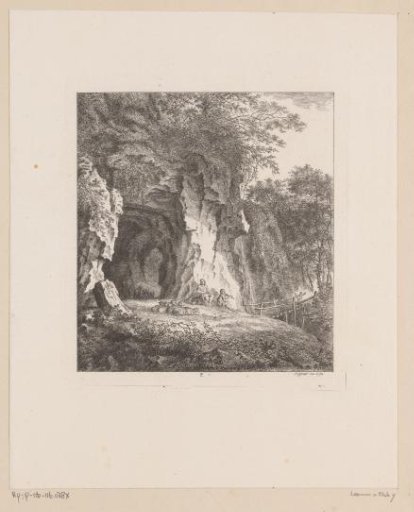 Two shepherds with their flock at a cave