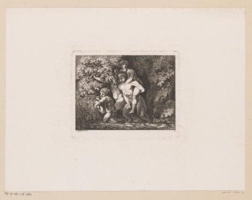 Three satyrs walking through the water, one with a nymph on his back