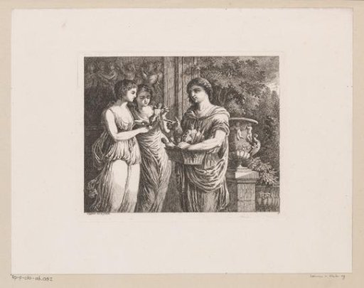 Vendor of household altar figures speaking with two women