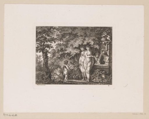 Flute-playing Cupid visits three nymphs at the spring