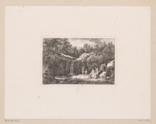 Bathing shepherds at a waterfall