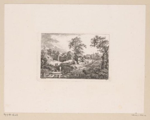View of a village by the water with two men in a boat