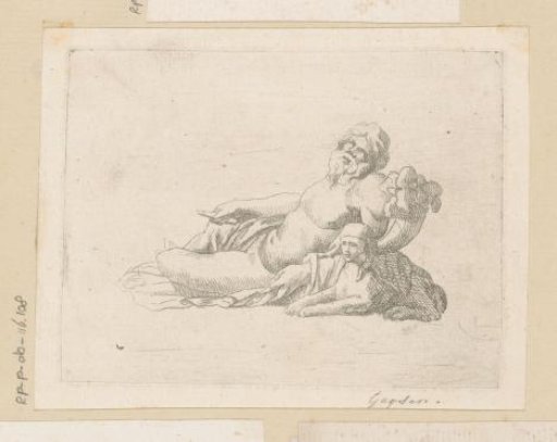 Mythological figure resting on a sphinx