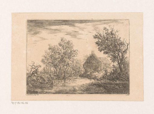 Landscape with farm, in the foreground two men in a boat