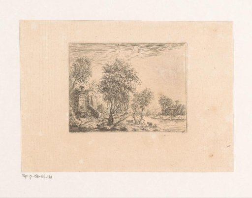 Landscape with an antique fountain by a river