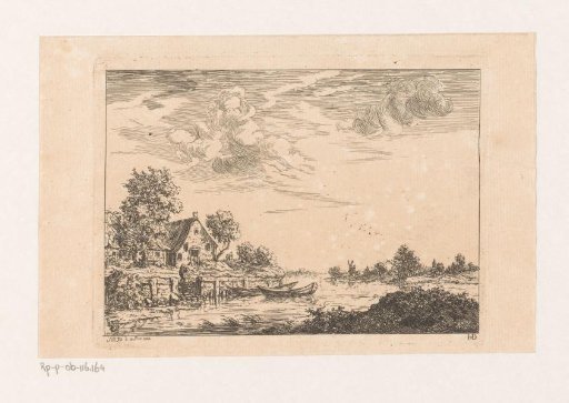 River landscape with a village and two moored boats
