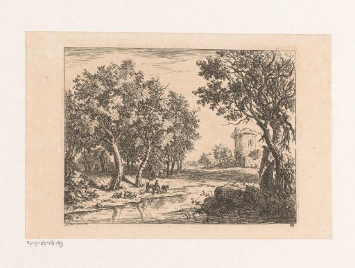 Landscape with shepherds by the water and a tower in the background