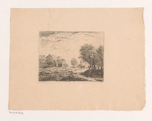 Landscape with a wooden footbridge leading to a village