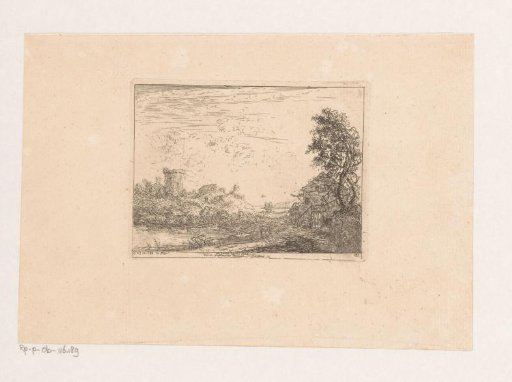 Landscape with a farmstead on a river and a tower in the distance