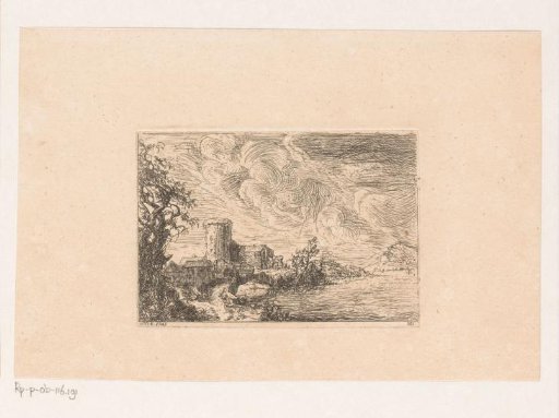 River landscape with a village and a tower