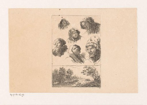 Six male and female heads and a landscape with a village in the distance