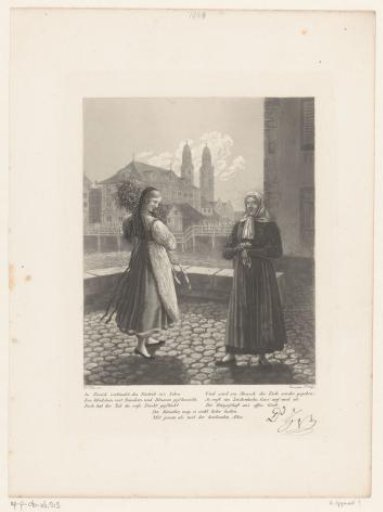 Young woman with flowers and a weeping older lady before the Grossmünster in Zurich