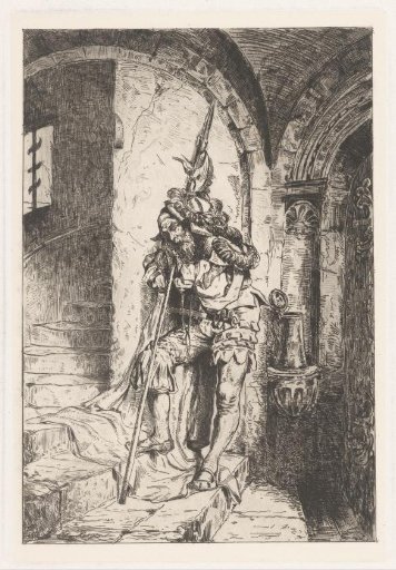 Sleeping soldier leans on a step against his halberd
