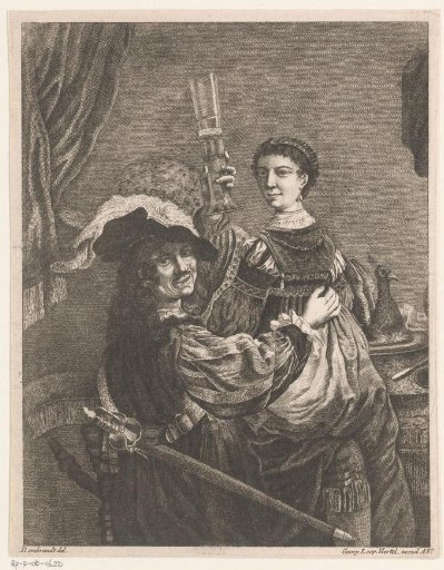 Richly dressed man with a glass in his hand and a woman on his lap