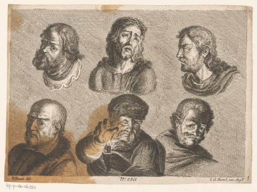 Six male heads, including Christ and a man with a candle
