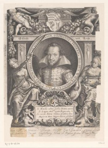 Portrait of Johann Friedrich von Württemberg in a decorative frame with the personifications Justice (Justitia) and Chastity (Castitas)