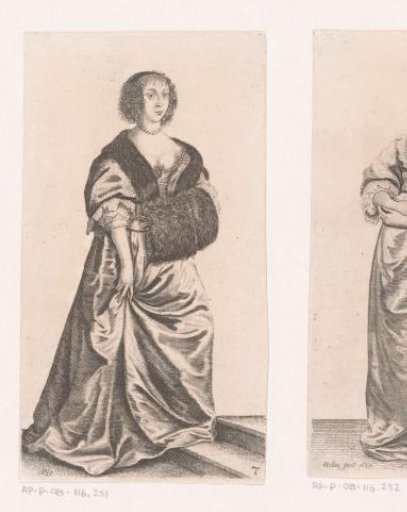 English lady of quality with a muff, standing on a stair step