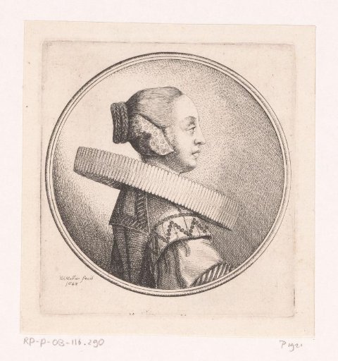 Woman with pleated collar and braided knot