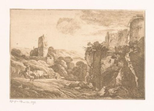 Landscape with ruins and a shepherd with cattle