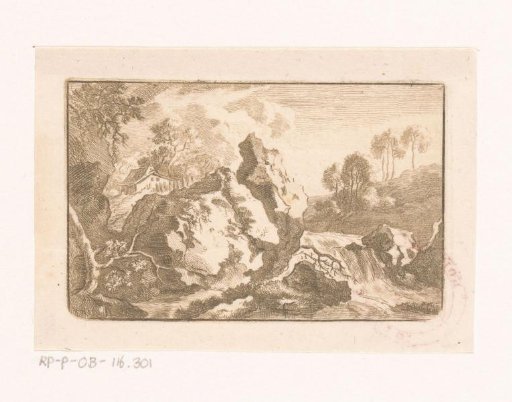 Rocky landscape with a waterfall and a hut
