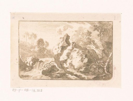 Rocky landscape with a waterfall and a hut