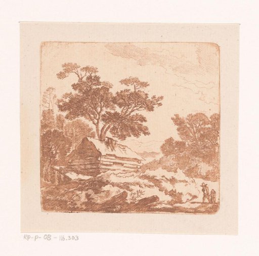 Landscape with a wooden hut and two walkers