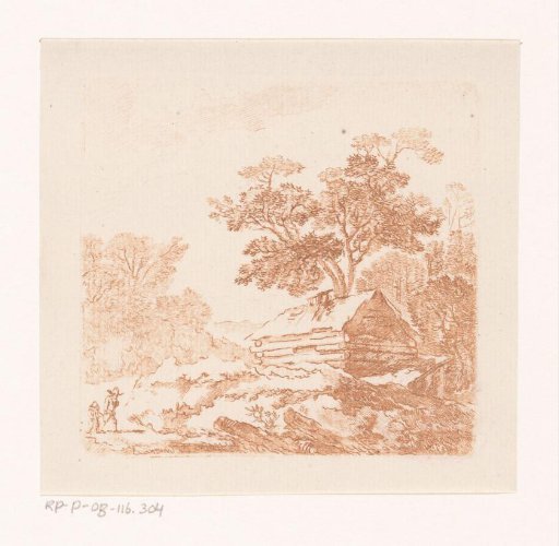 Landscape with a wooden hut and two walkers