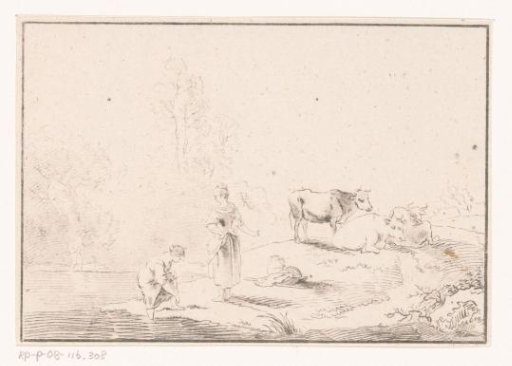Landscape with shepherdesses by water