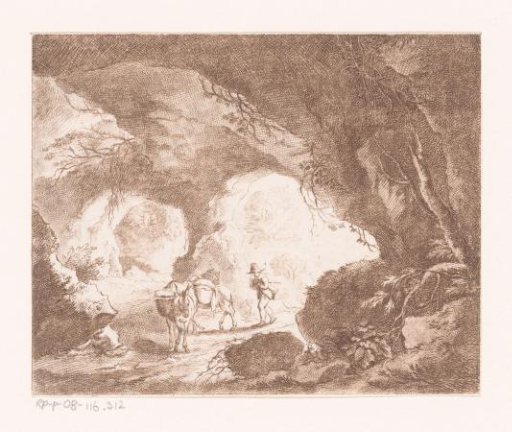 Traveller with two donkeys in a cave