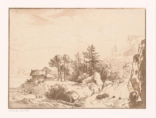 Hilly landscape with a shepherd near a hut and waterfall