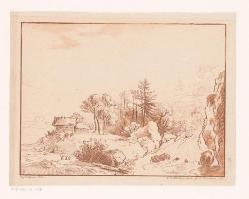 Hilly landscape with a shepherd near a hut and waterfall