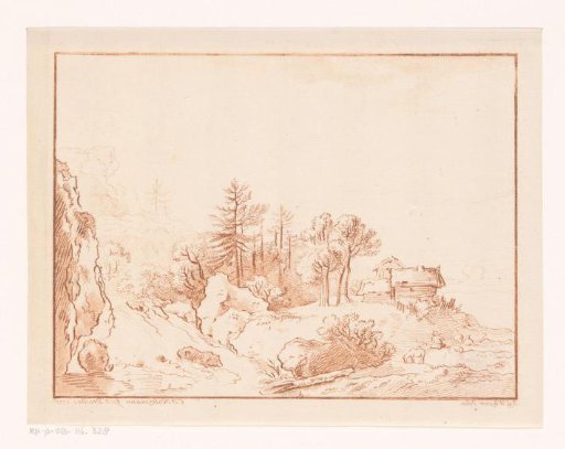 Hilly landscape with a shepherd near a hut and waterfall