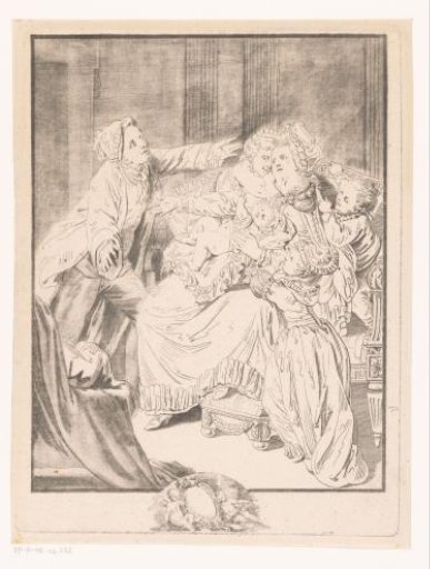 Woman on a bench surrounded by five children and a man running towards