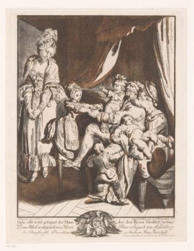 Man on a bench surrounded by five children while his wife stands beside him