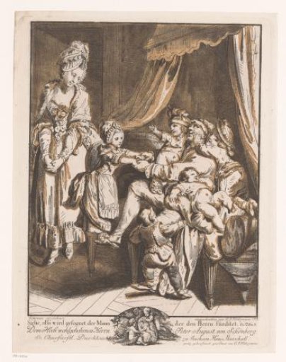Man on a bench surrounded by five children while his wife stands beside him