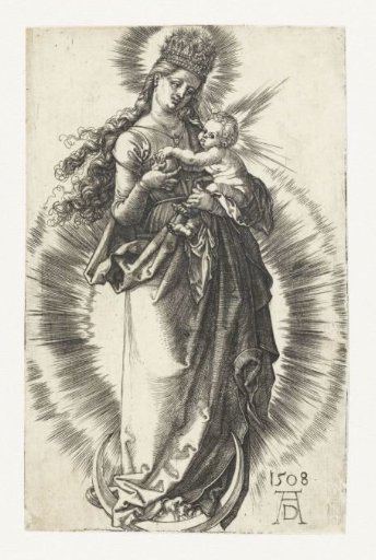 Mary, with a crown of stars on her head, with Child on the Crescent Moon