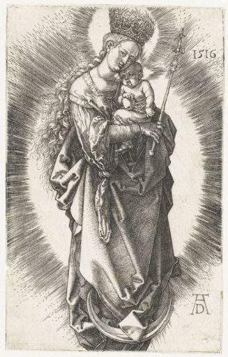 Mary, with a crown of stars on her head and a scepter in her hand, with Child on the Crescent Moon