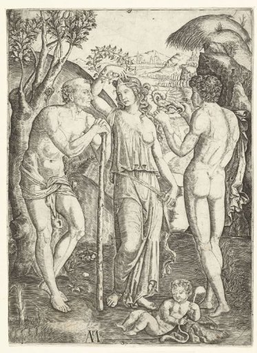 Young Woman with Leaf Wreath, Standing between an Old Man Leaning on a Staff and a Young Man with a Dragon and Child