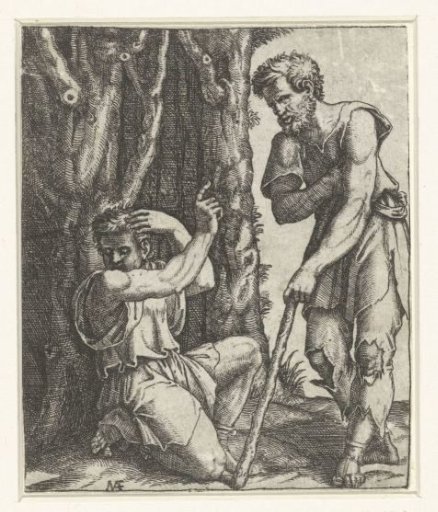 Man Kneeling and Turning Away from a Beggar at the Edge of the Woods