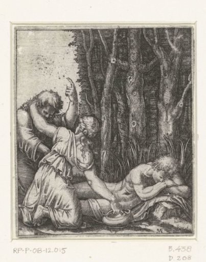 Man and Young Woman near a Sleeping Naked Man at the Edge of the Woods